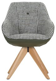 Moderner Armlehnstuhl mit grünem Stoffbezug und Holzbeinen, Frontalansicht