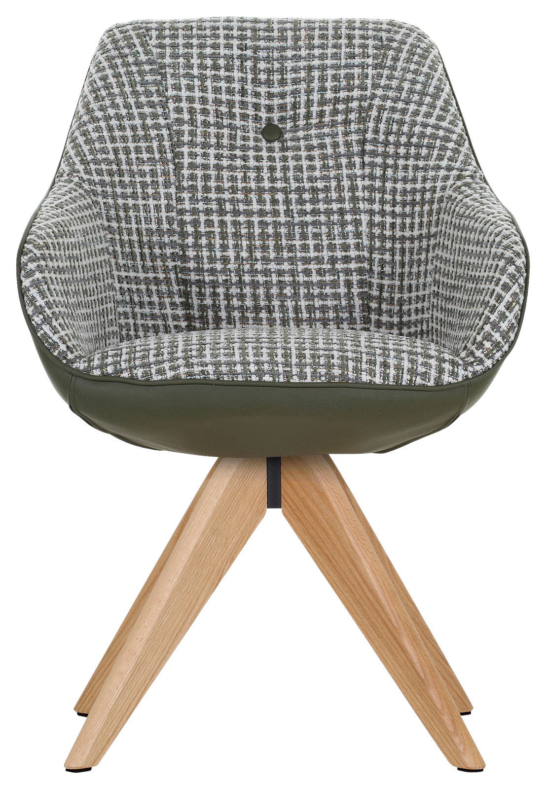 Moderner Armlehnstuhl mit grünem Stoffbezug und Holzbeinen, Frontalansicht