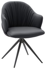 Moderner schwarzer Armlehnstuhl mit gepolsterter Sitzfläche und vierbeiniger Metallbasis, seitliche Perspektive