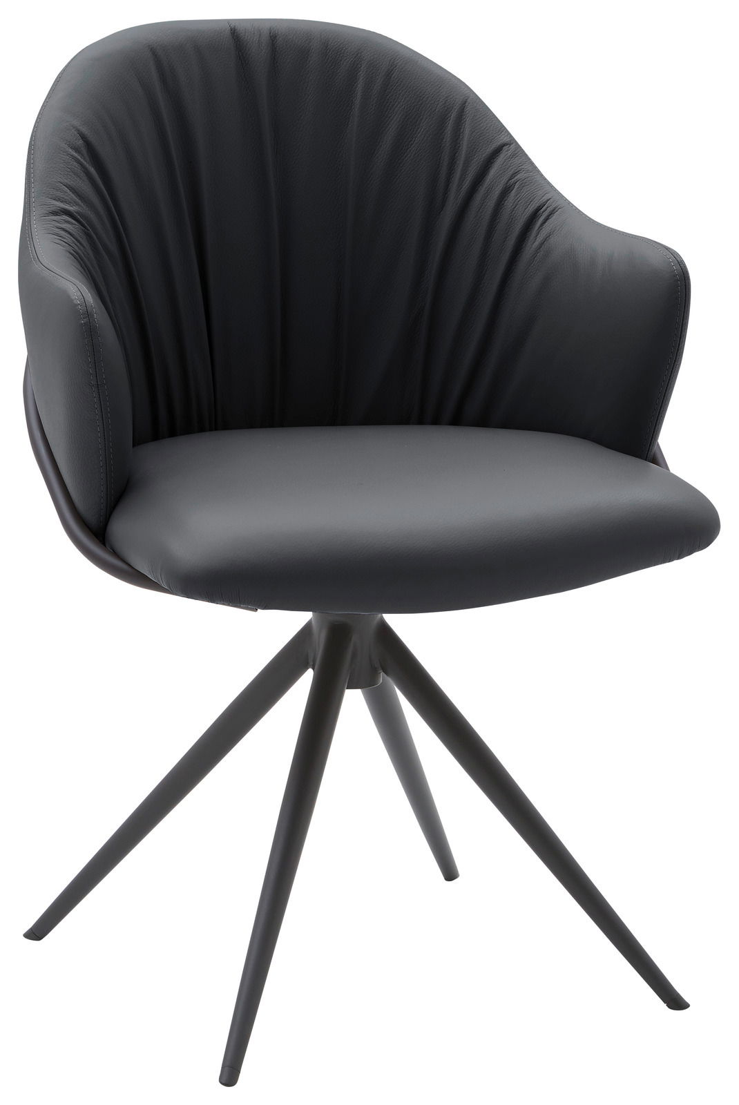 Moderner schwarzer Armlehnstuhl mit gepolsterter Sitzfläche und vierbeiniger Metallbasis, seitliche Perspektive