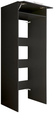 Schwarzer Doppel-Geräteschrank mit geöffneter Klappe, seitliche Perspektive