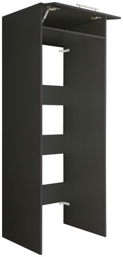 Schwarzer Doppel-Geräteschrank mit geöffneter Klappe, seitliche Perspektive