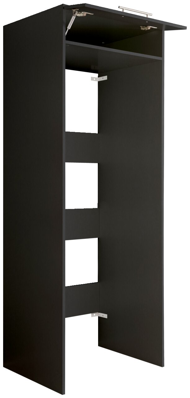 Schwarzer Doppel-Geräteschrank mit geöffneter Klappe, seitliche Perspektive