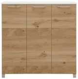 Vorderansicht eines XL-Schuhschranks aus Holz mit drei Türen und silbernen Griffen.