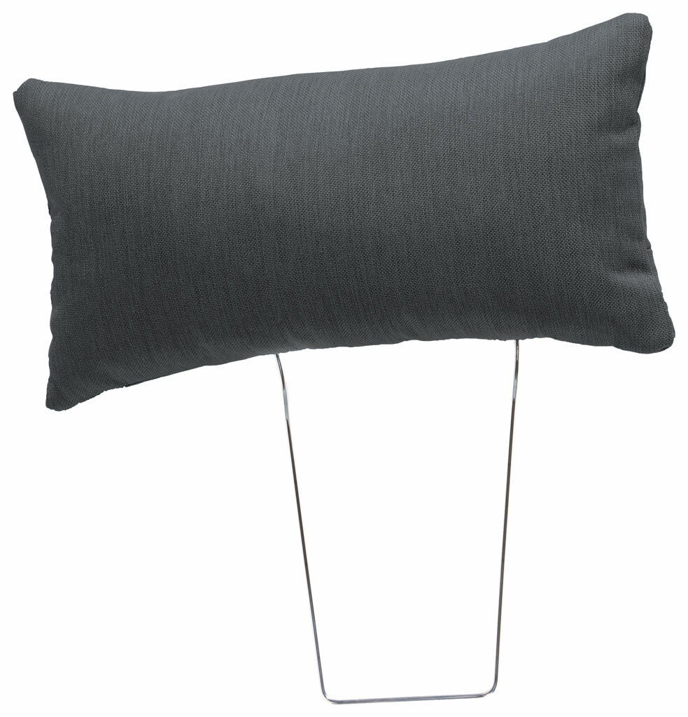 Kopfstütze in dunklem Stoff mit Metallgestell, seitliche Perspektive