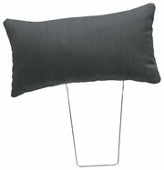 Kopfstütze in dunklem Stoff mit Metallgestell, seitliche Perspektive