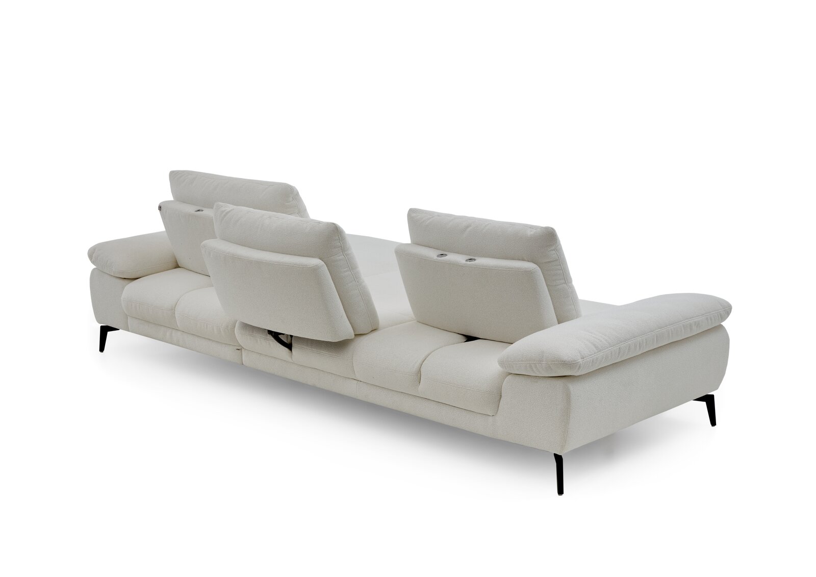 Rückansicht einer modernen, weißen Longchairkombination mit verstellbaren Rückenlehnen und schwarzen Beinen.