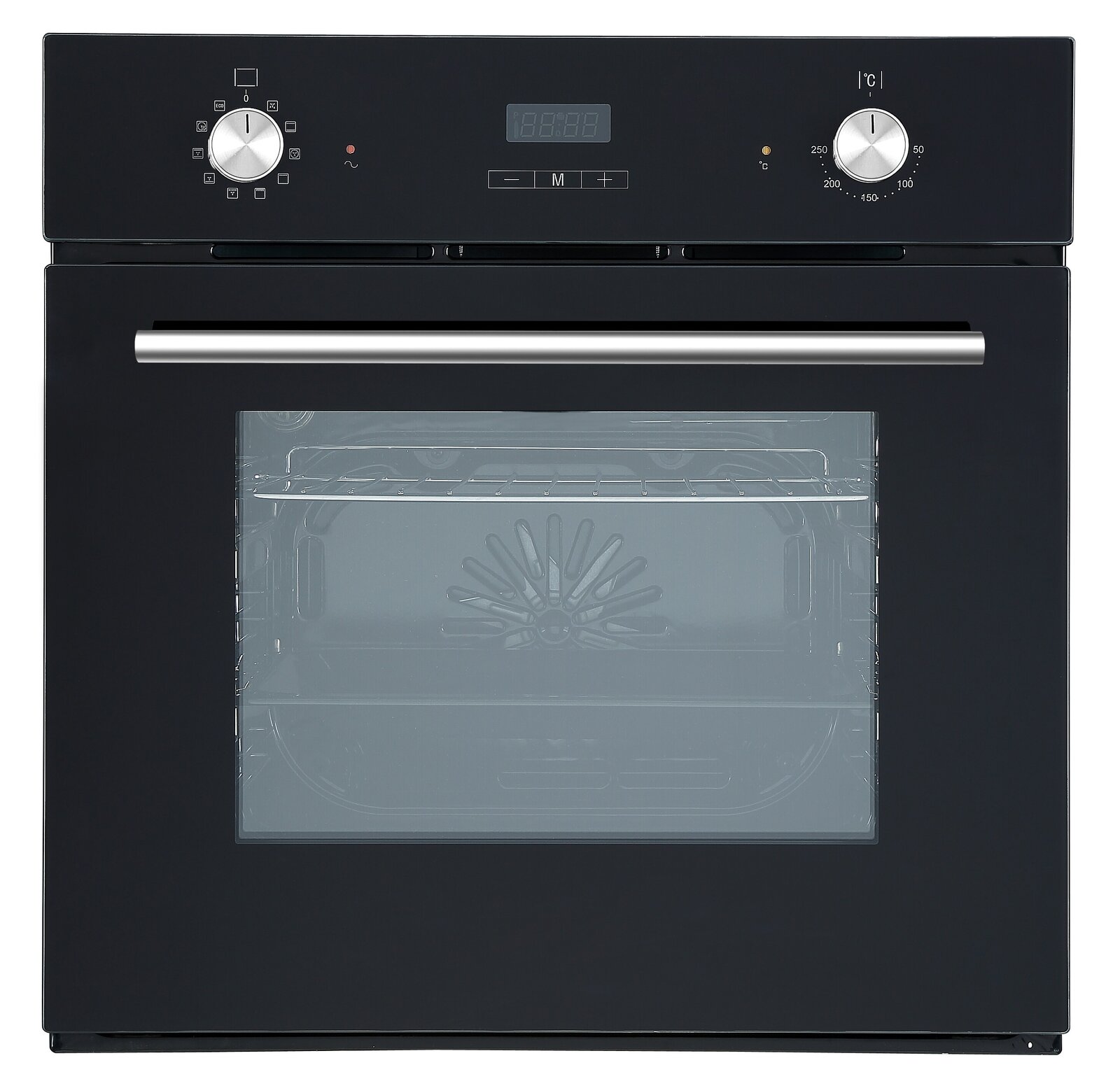 Schwarzer Einbauofen mit Edelstahlgriff, Frontansicht
