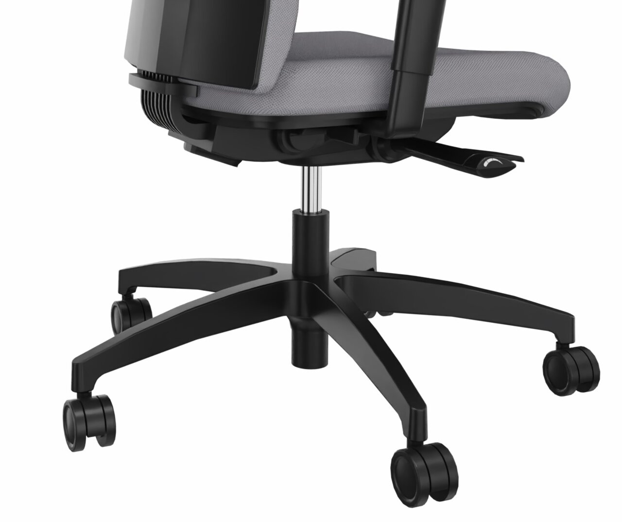 Seitenansicht eines grauen Drehstuhls mit schwarzem Gestell und Rollen