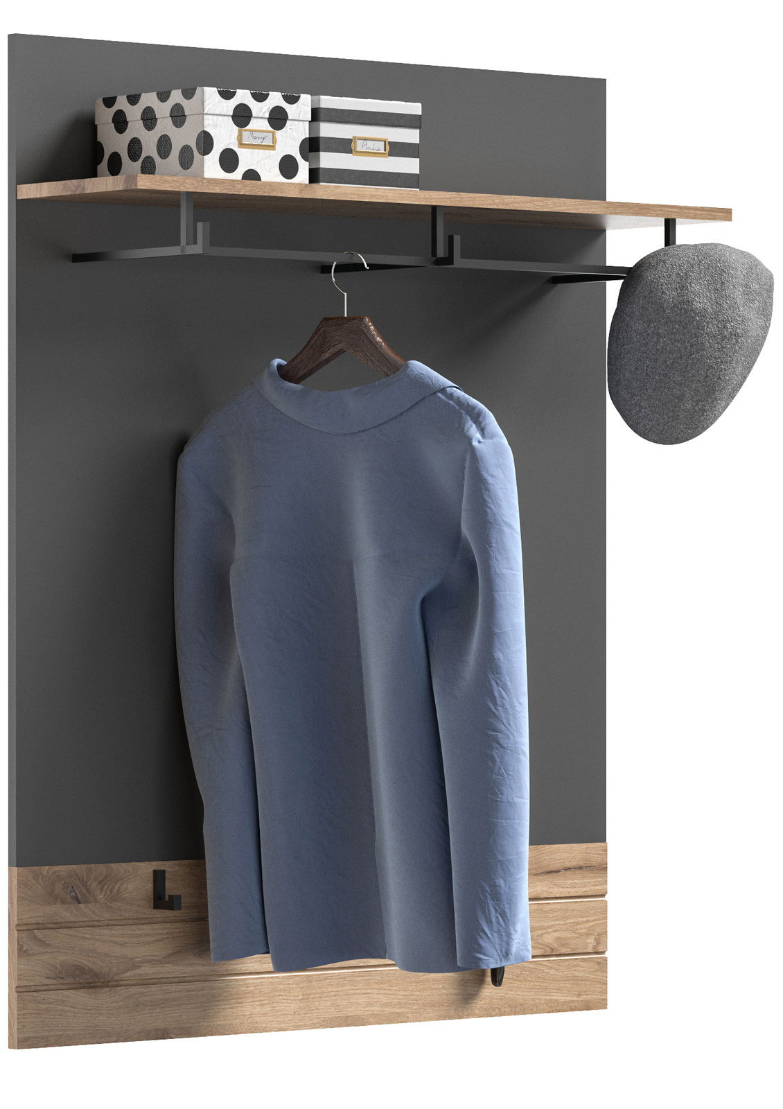 MID.YOU Paneel MASON Garderobenpaneel mit Holzregal, Kleiderstange und Haken, frontal betrachtet