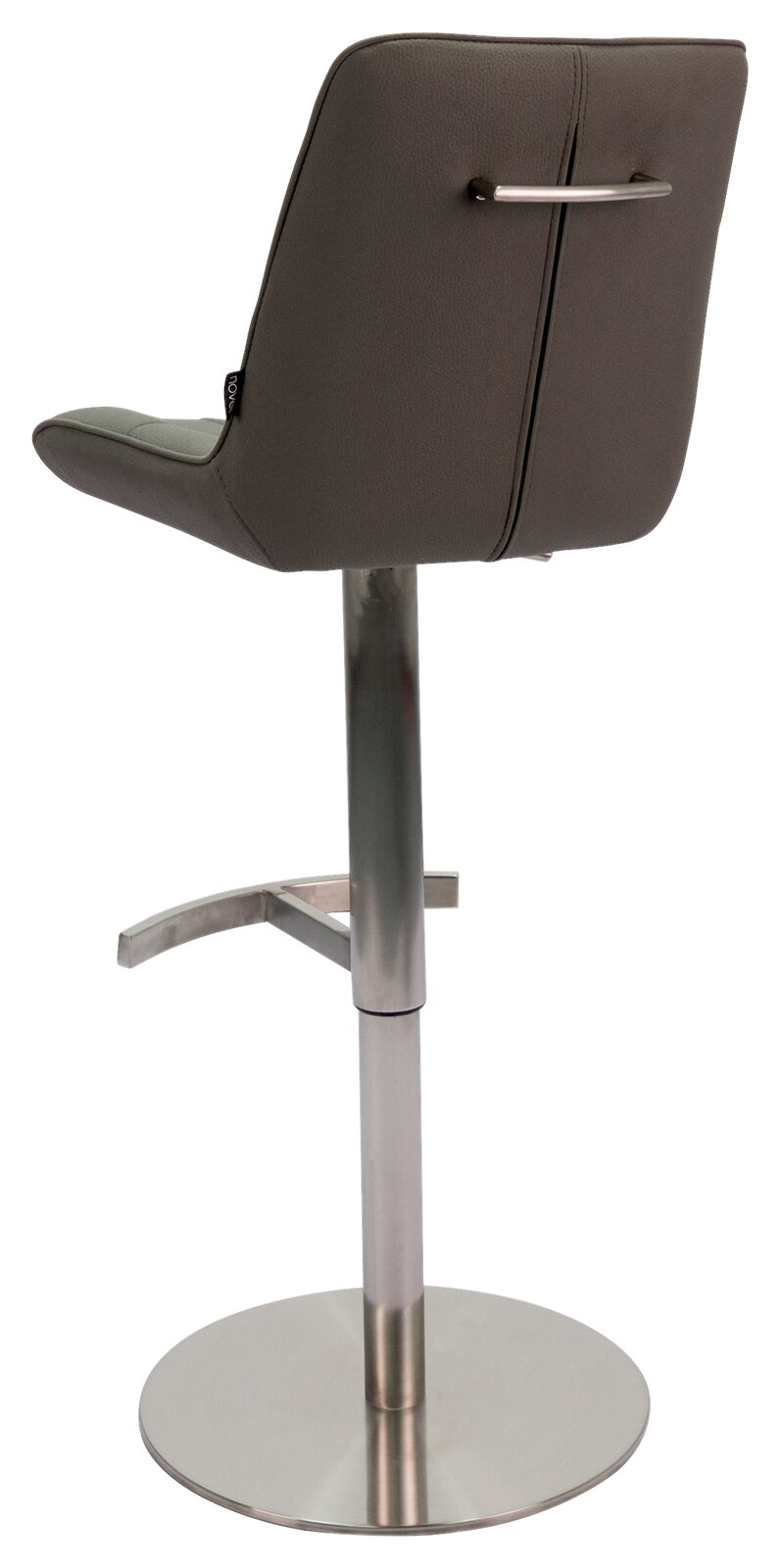 Rückansicht eines modernen Barhockers mit grauem Sitz und Rückenlehne, verchromtem Gestell und Fußstütze.