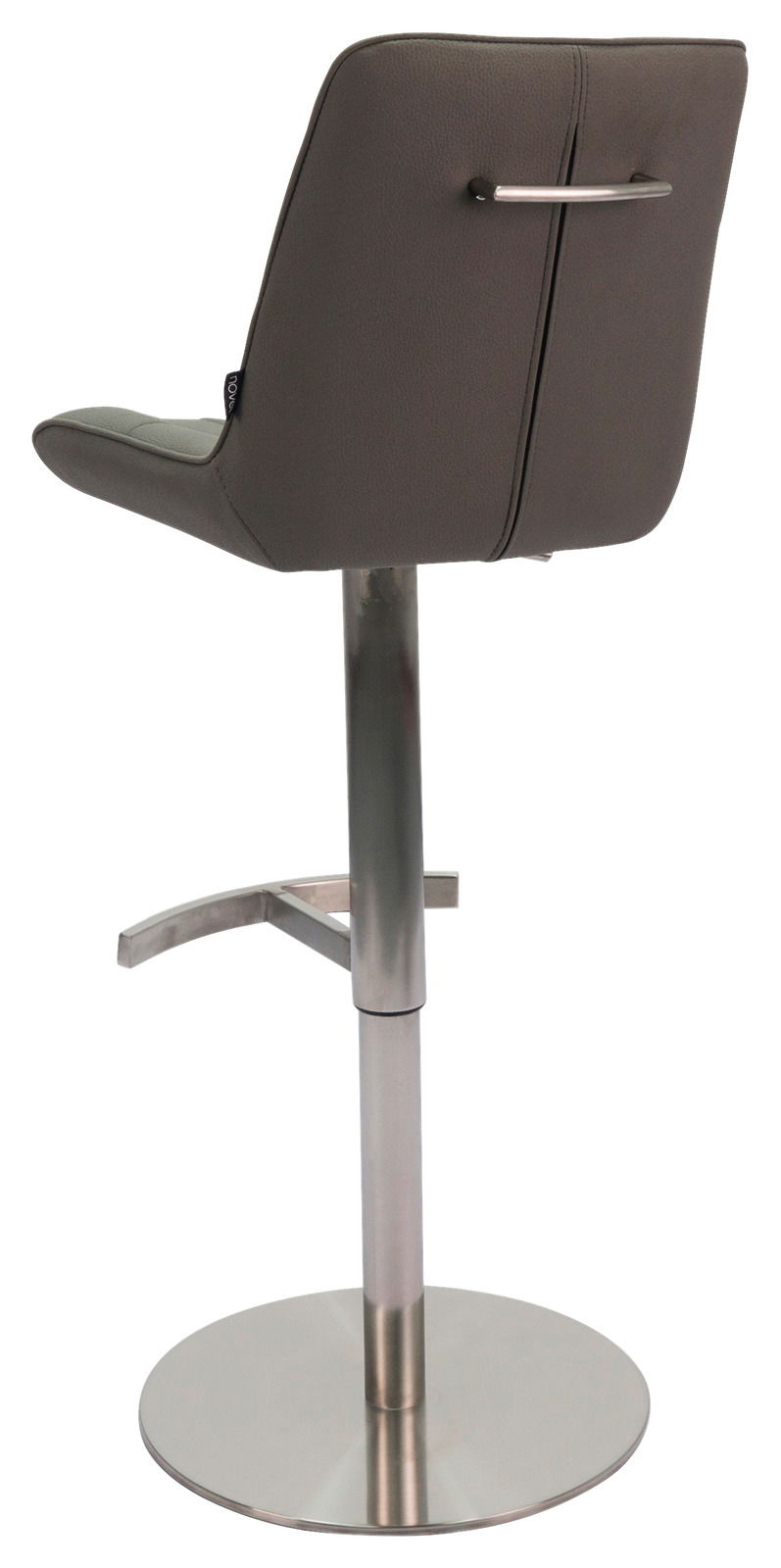 Rückansicht eines modernen Barhockers mit grauem Sitz und Rückenlehne, verchromtem Gestell und Fußstütze.