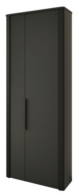 Schwarzer Garderobenschrank mit zwei Türen, frontal betrachtet.