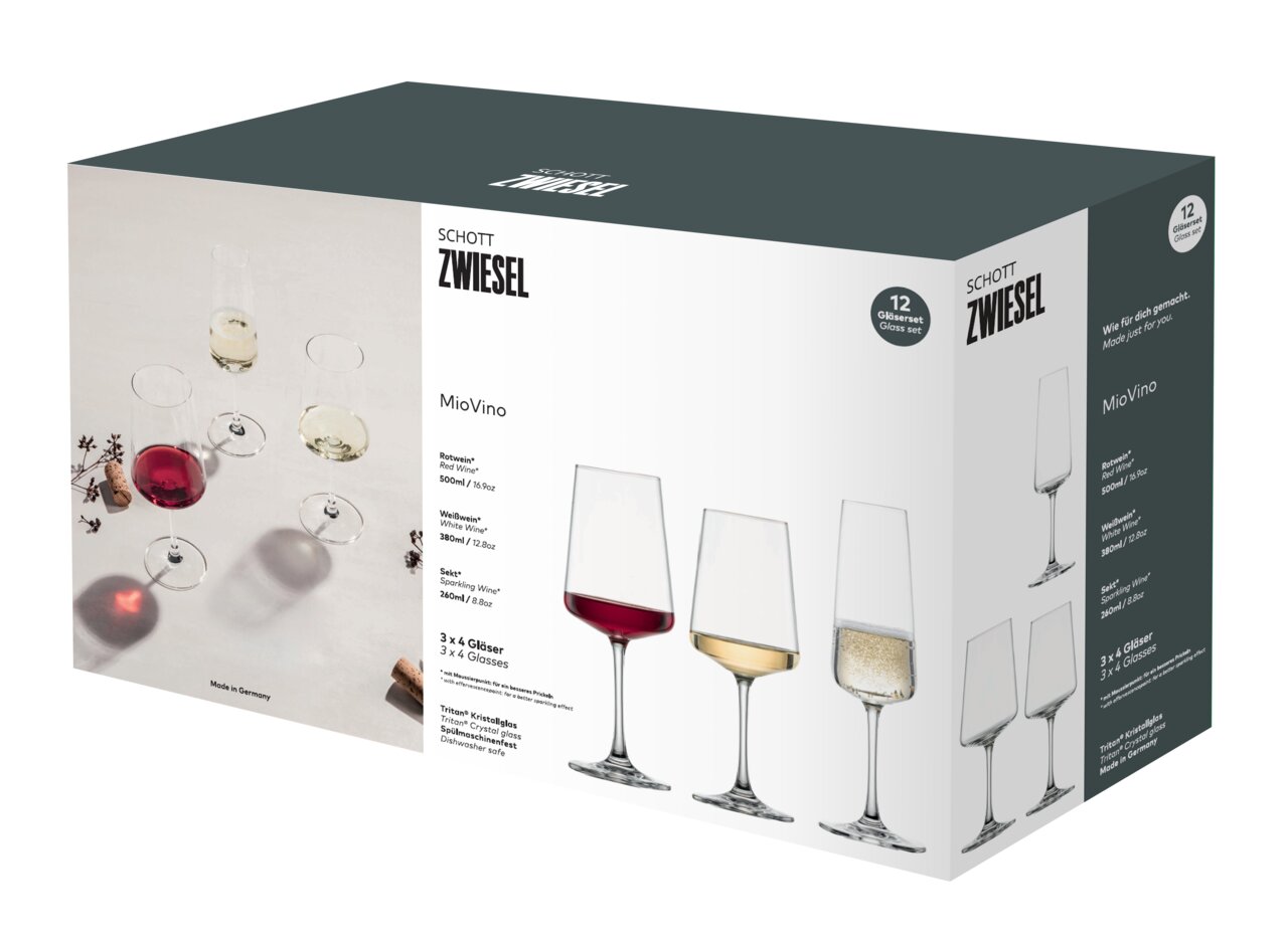 SCHOTT ZWIESEL Gläserset 12-tlg. MIOVINO Verpackung des 12-teiligen Gläsersets von Schott Zwiesel, MioVino, mit drei verschiedenen Gläsern für Rotwein, Weißwein und Sekt. Perspektive von schräg vorne.