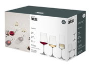 Verpackung des 12-teiligen Gläsersets von Schott Zwiesel, MioVino, mit drei verschiedenen Gläsern für Rotwein, Weißwein und Sekt. Perspektive von schräg vorne.
