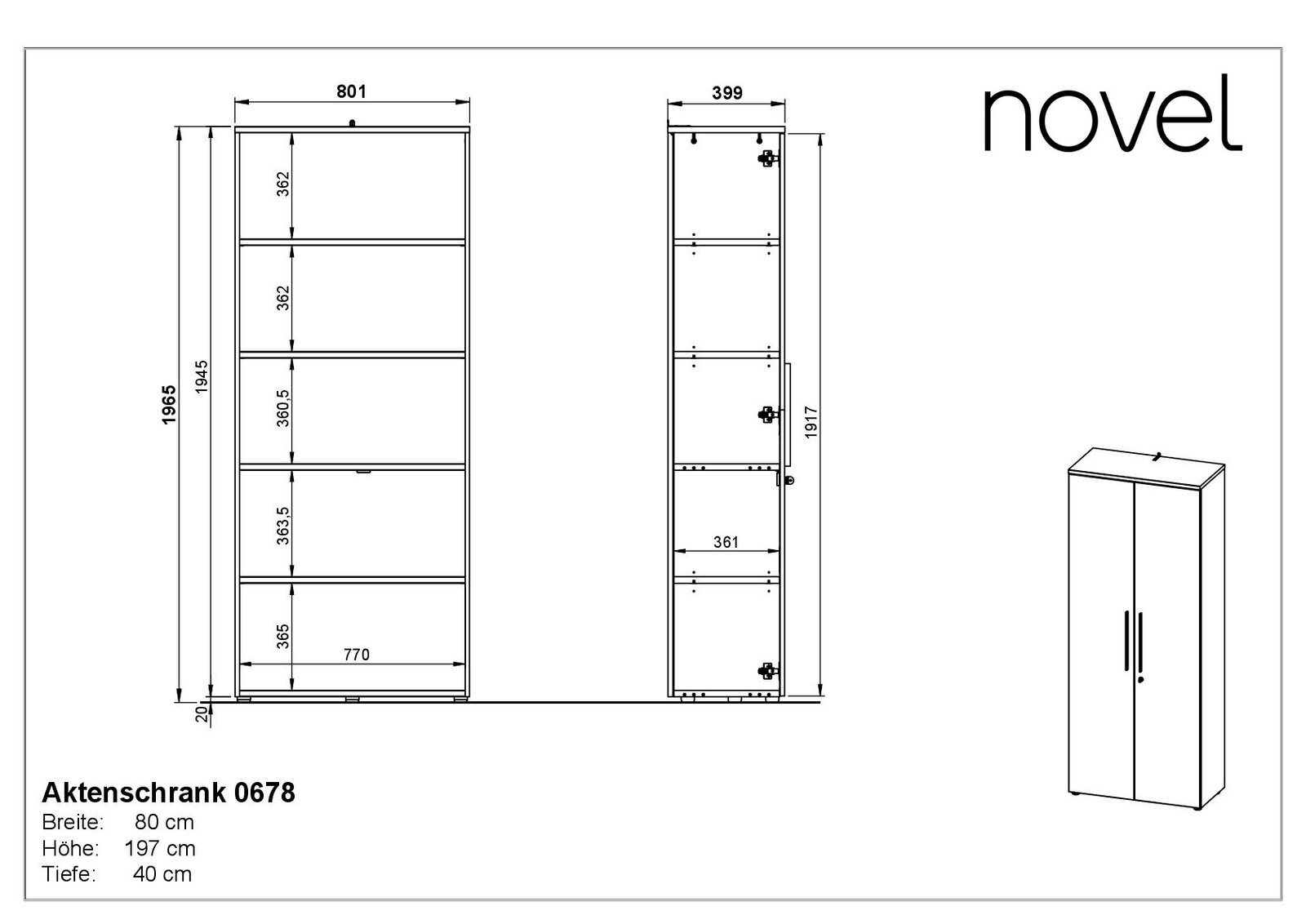 Zeichnung eines Aktenschranks mit fünf offenen Fächern, Breite 80 cm, Höhe 197 cm, Tiefe 40 cm, Front- und Seitenansicht.
