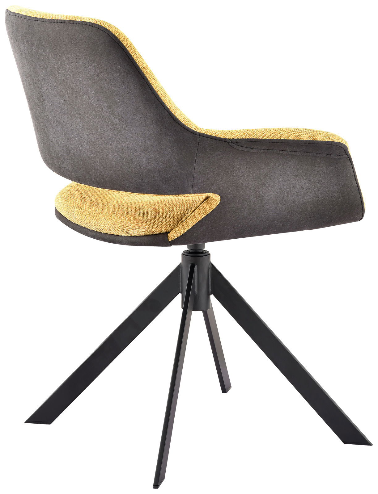 Rückansicht eines modernen Sessels mit gelber Polsterung und schwarzem Gestell, Modell VENLO.