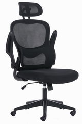 Ergonomischer schwarzer Drehstuhl mit Netzrückenlehne und Kopfstütze, seitliche Ansicht