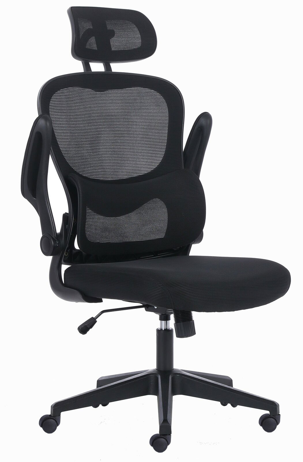 Ergonomischer schwarzer Drehstuhl mit Netzrückenlehne und Kopfstütze, seitliche Ansicht