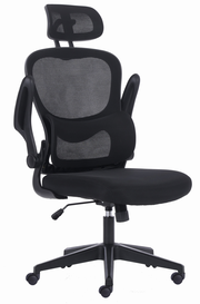 Ergonomischer schwarzer Drehstuhl mit Netzrückenlehne und Kopfstütze, seitliche Ansicht