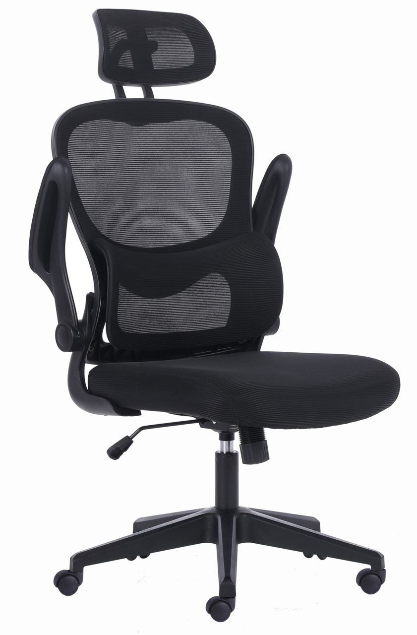 Ergonomischer schwarzer Drehstuhl mit Netzrückenlehne und Kopfstütze, seitliche Ansicht