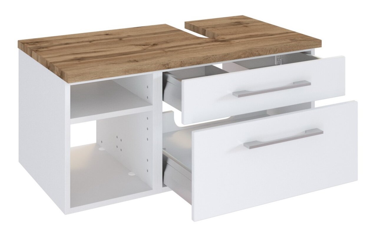 Wastafelonderkast met twee open lades en een open vak, witte fronten en een oppervlak in houtlook, aanzicht van rechts vooraan