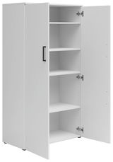 Weißer Mehrzweckschrank mit offenen Türen und mehreren Regalböden, seitliche Perspektive