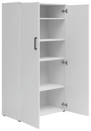 Weißer Mehrzweckschrank mit offenen Türen und mehreren Regalböden, seitliche Perspektive