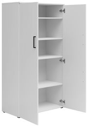 Weißer Mehrzweckschrank mit offenen Türen und mehreren Regalböden, seitliche Perspektive