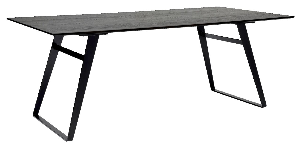 Moderner Esstisch mit schwarzer Holzplatte und schrägen Metallbeinen, seitliche Perspektive