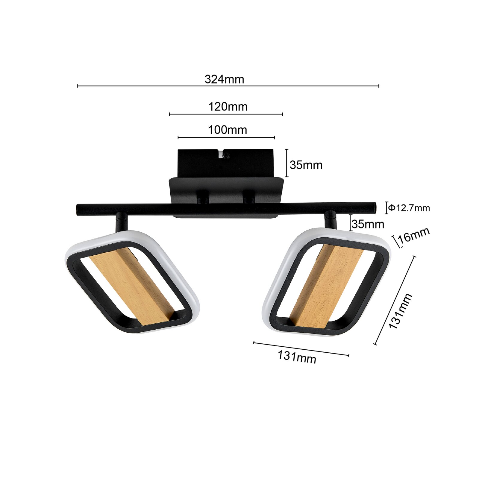 LED-Strahler mit zwei verstellbaren Leuchten, Holz- und Metallelemente, Frontansicht