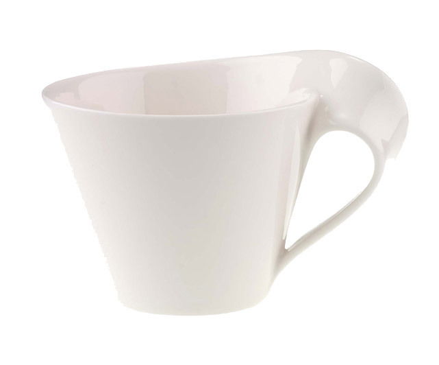 Weiße Tasse mit elegantem Design, seitliche Perspektive