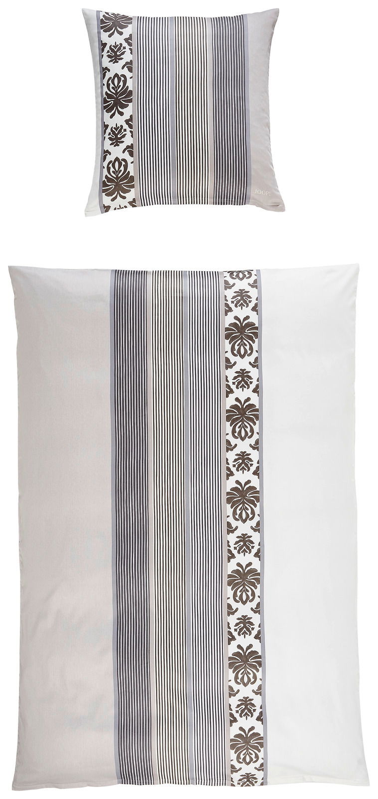 Bettwäsche-Set mit elegantem Streifen- und Blumenmuster, bestehend aus einem Kissenbezug und einem Bettdeckenbezug, aus der Vogelperspektive fotografiert.