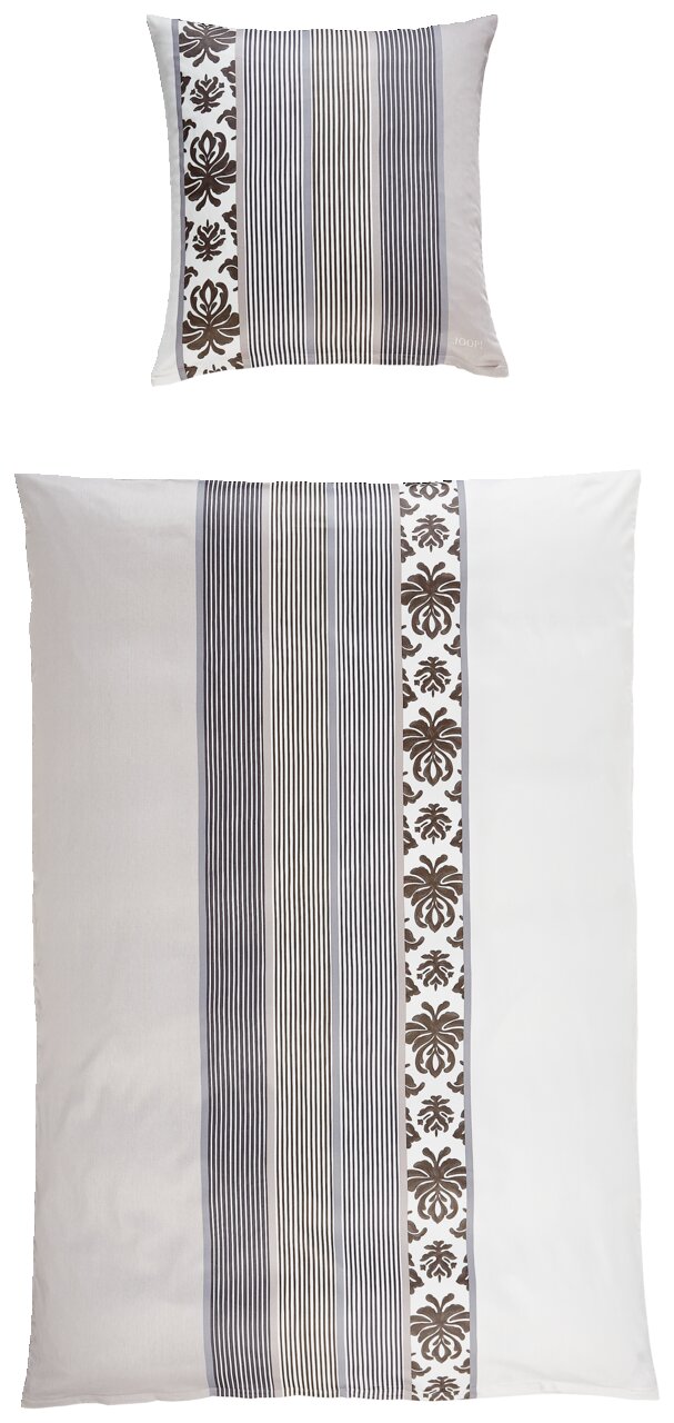 Bettwäsche-Set mit elegantem Streifen- und Blumenmuster, bestehend aus einem Kissenbezug und einem Bettdeckenbezug, aus der Vogelperspektive fotografiert.