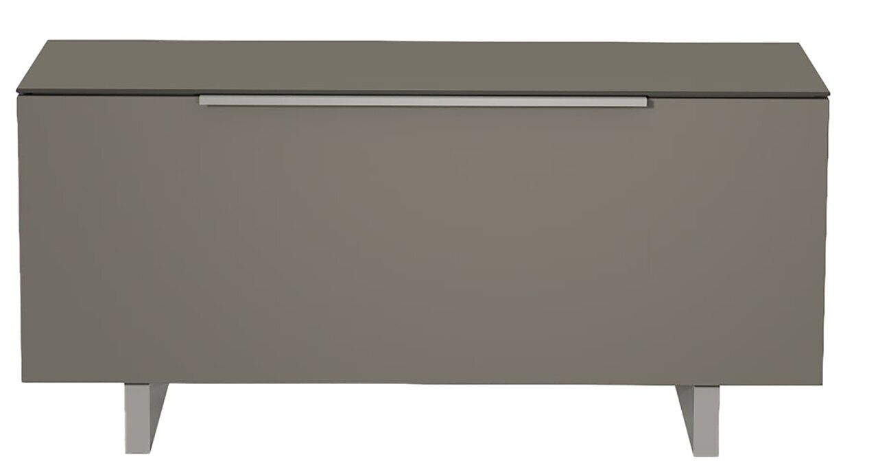 Frontansicht eines modernen, grauen TV-Lowboards der Serie BORMIO mit schlichtem Design und Metallgriff.