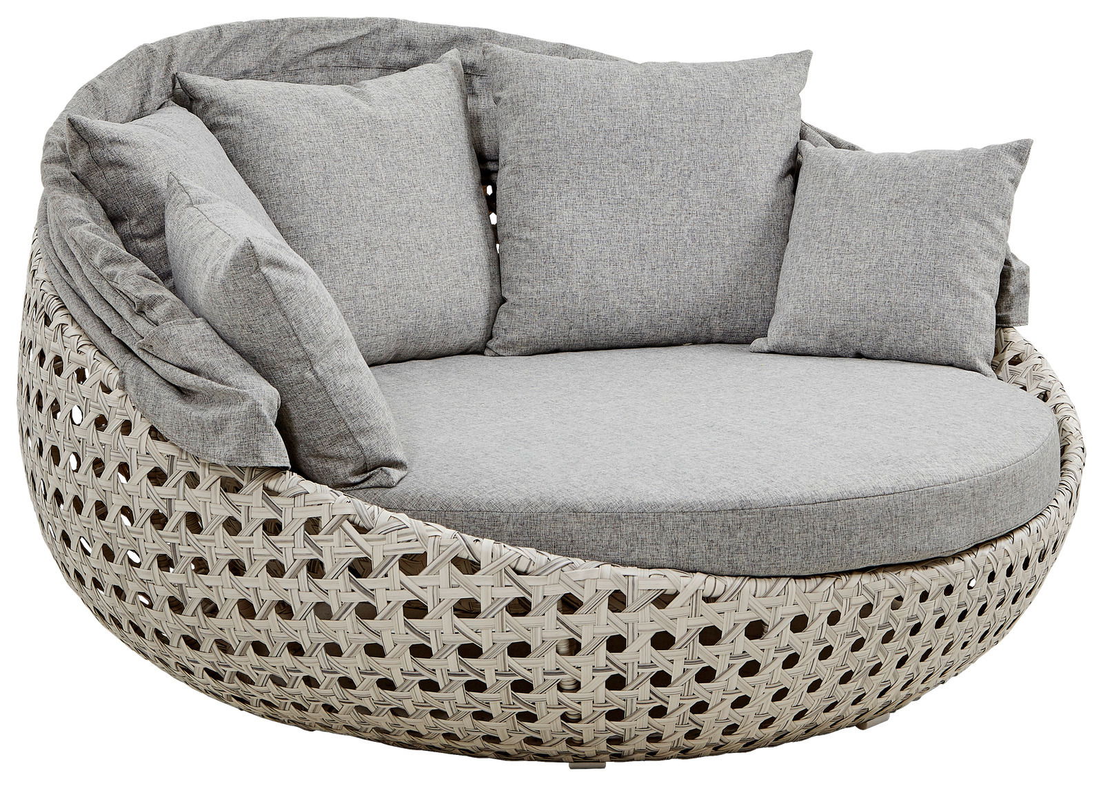 Runde Gartenmuschel mit grauen Kissen, seitliche Perspektive