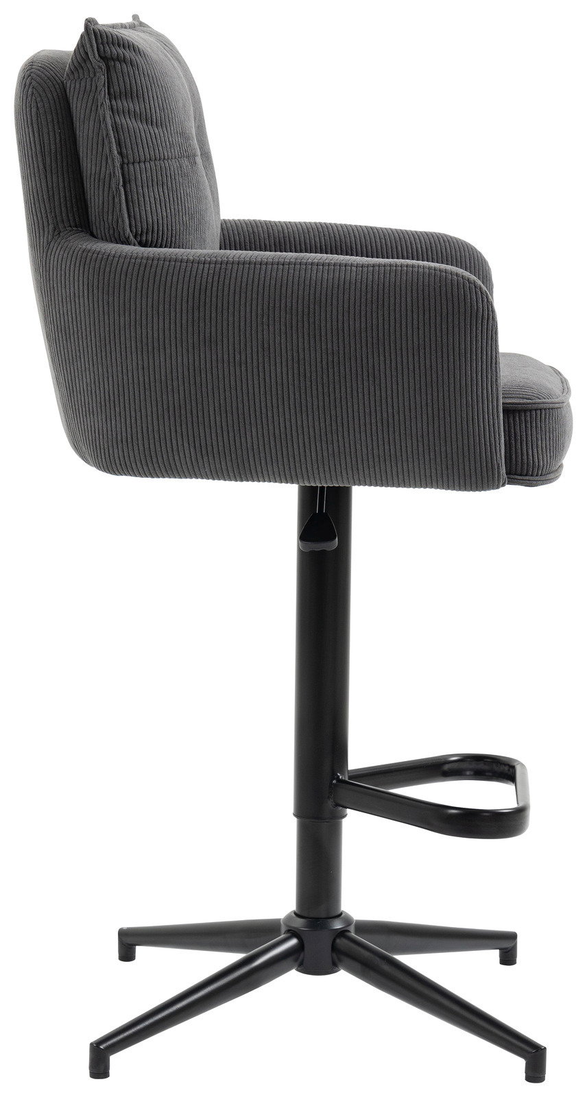Seitenansicht eines modernen, grauen Barhockers mit gepolsterter Rückenlehne und schwarzem Metallgestell.