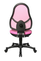 Rückansicht eines pinken Drehstuhls mit Netzrückenlehne und schwarzem Gestell