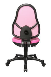 Rückansicht eines pinken Drehstuhls mit Netzrückenlehne und schwarzem Gestell