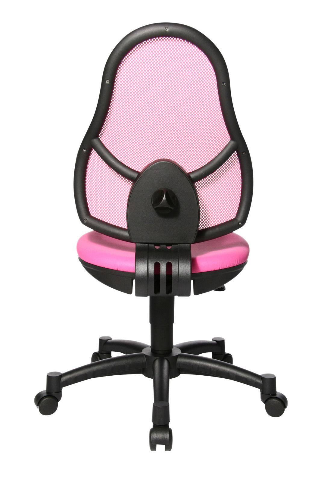 Rückansicht eines pinken Drehstuhls mit Netzrückenlehne und schwarzem Gestell
