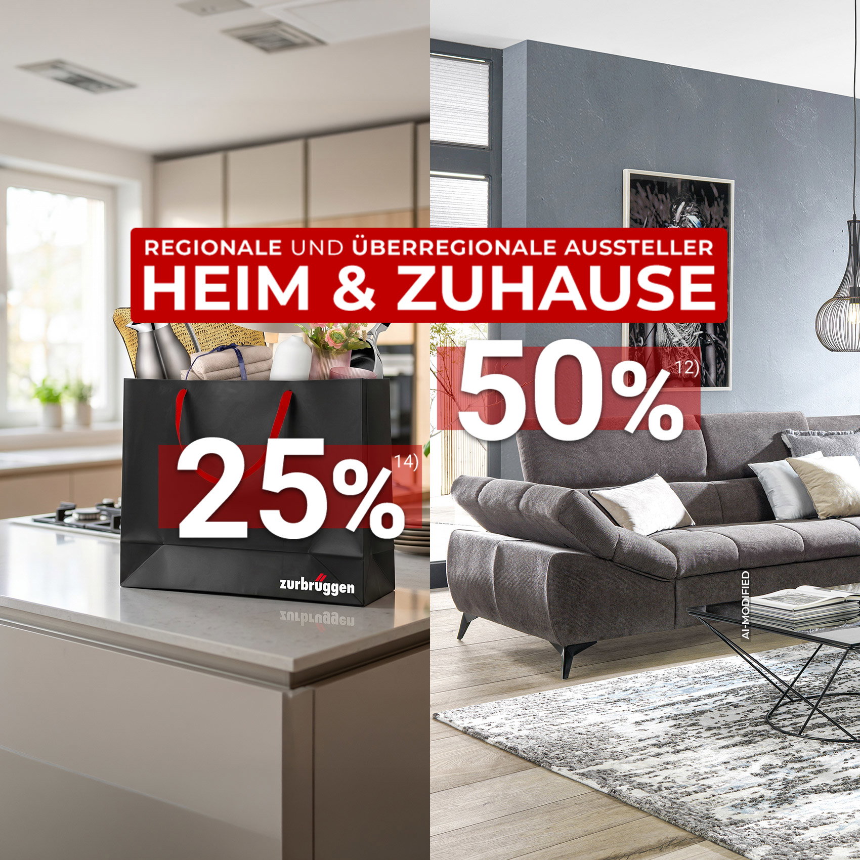 KI-generiert: Wohnküche und Wohnzimmer mit Rabattwerbung „25 %“ und „50 %“ für Heim & Zuhause.