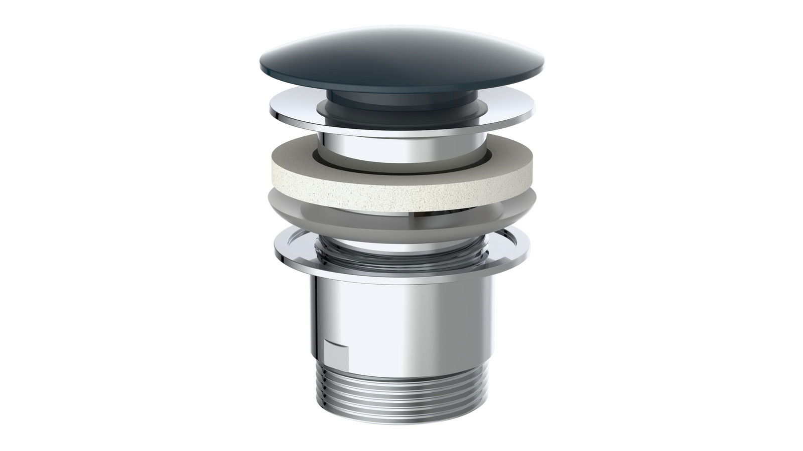 Design-Ablaufventil in seitlicher Perspektive, bestehend aus mehreren Schichten aus Metall und Dichtungsmaterial.