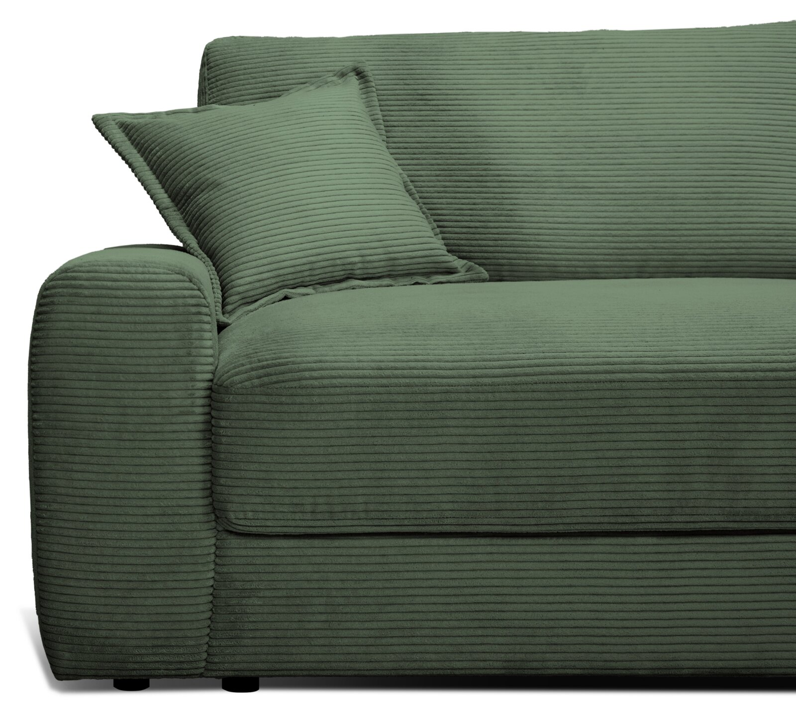 Groene grote bank met geribbelde stoffen bekleding, zijaanzicht met kussen op de linkerarmleuning.