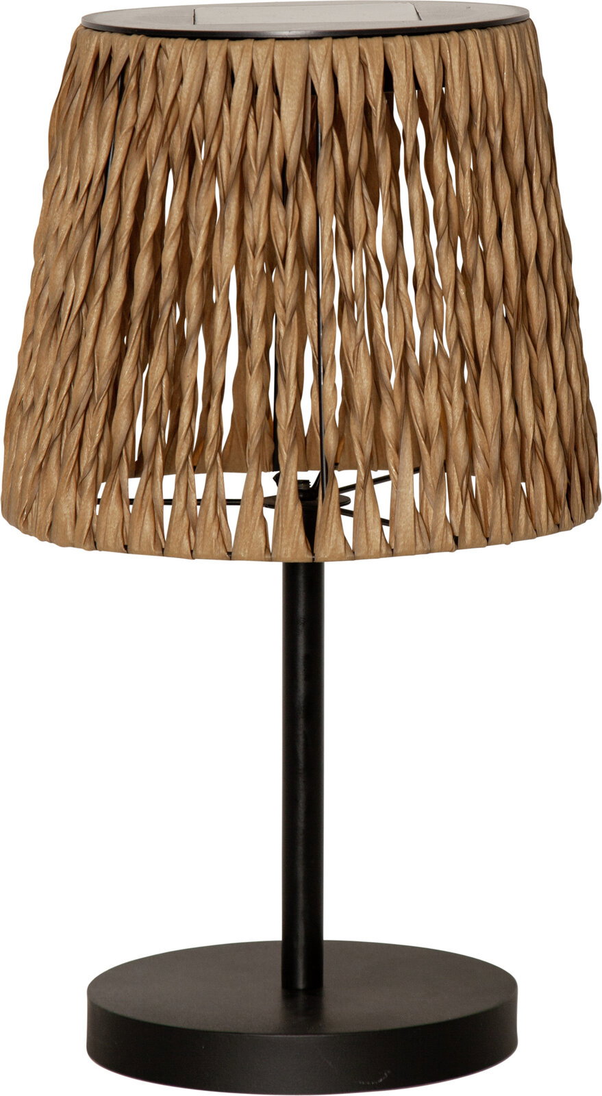 Frontansicht einer Tischlampe mit naturfarbenem, geflochtenem Schirm aus Papier-/Rattanoptik und schwarzem Metallfuß auf weißem Hintergrund