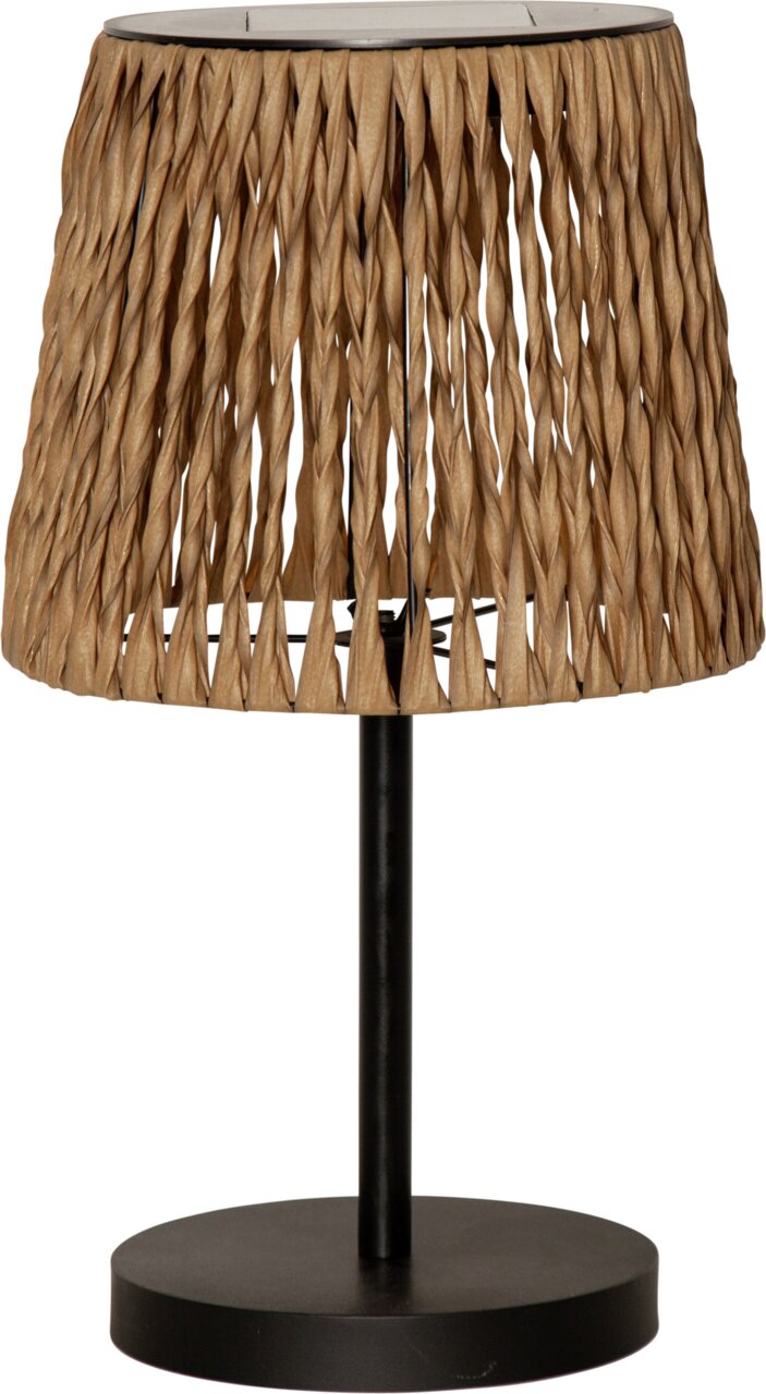 STAR TRADING LED-Solar-Tischleuchte CESTA Frontansicht einer Tischlampe mit naturfarbenem, geflochtenem Schirm aus Papier-/Rattanoptik und schwarzem Metallfuß auf weißem Hintergrund