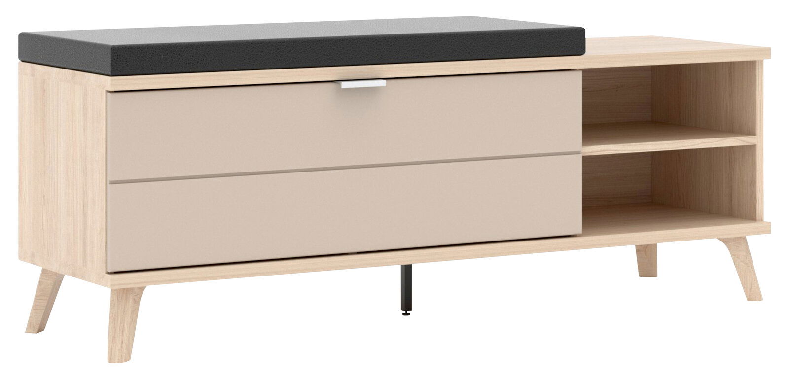 Voleo Garderobenbank BASEL Garderobenbank aus hellem Holz mit zwei Schubladen und einem offenen Regal, seitliche Perspektive