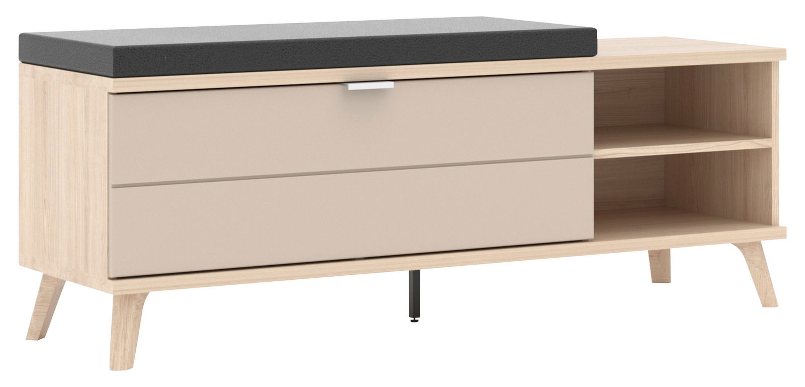 Garderobenbank aus hellem Holz mit zwei Schubladen und einem offenen Regal, seitliche Perspektive