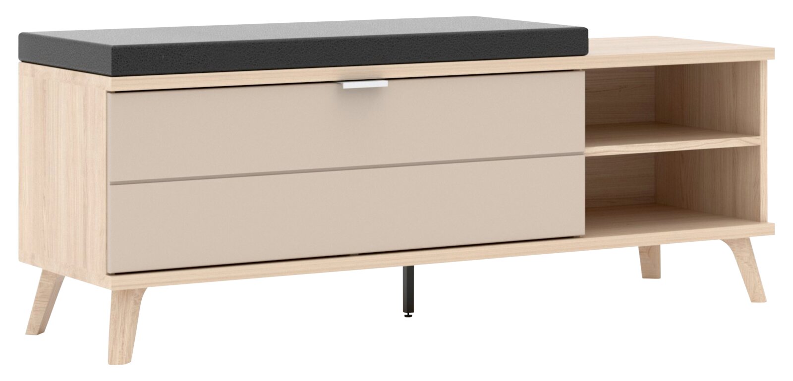 Garderobenbank aus hellem Holz mit zwei Schubladen und einem offenen Regal, seitliche Perspektive