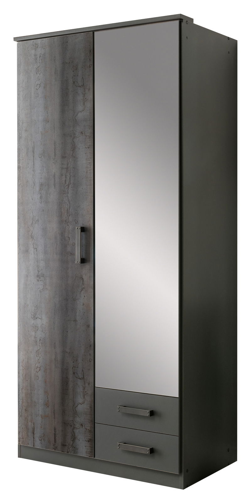 Moderner Drehtürenschrank mit zwei Türen, einer davon mit Spiegel, und zwei Schubladen, seitliche Perspektive.