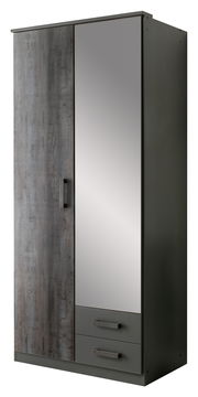 Moderner Drehtürenschrank mit zwei Türen, einer davon mit Spiegel, und zwei Schubladen, seitliche Perspektive.